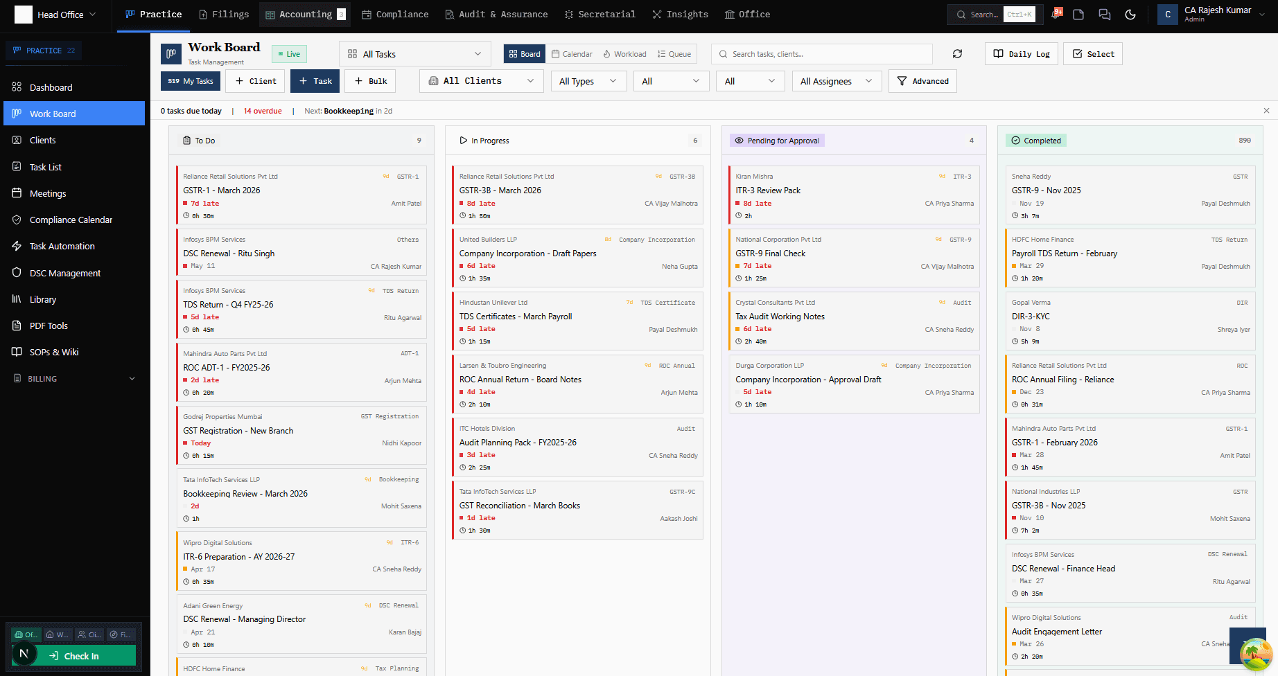 Practicore work board showing client tasks, deadlines, and team workflow
