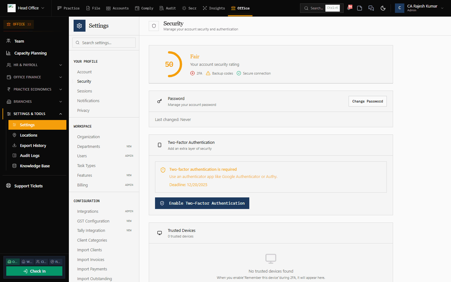 Account security settings — 2FA enforcement, password management, trusted devices, account security rating