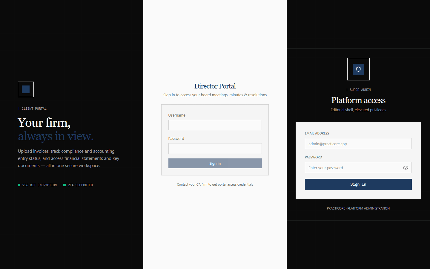 Side-by-side logins for the Client Portal, Director Portal, and Super Admin — three distinct authenticated surfaces